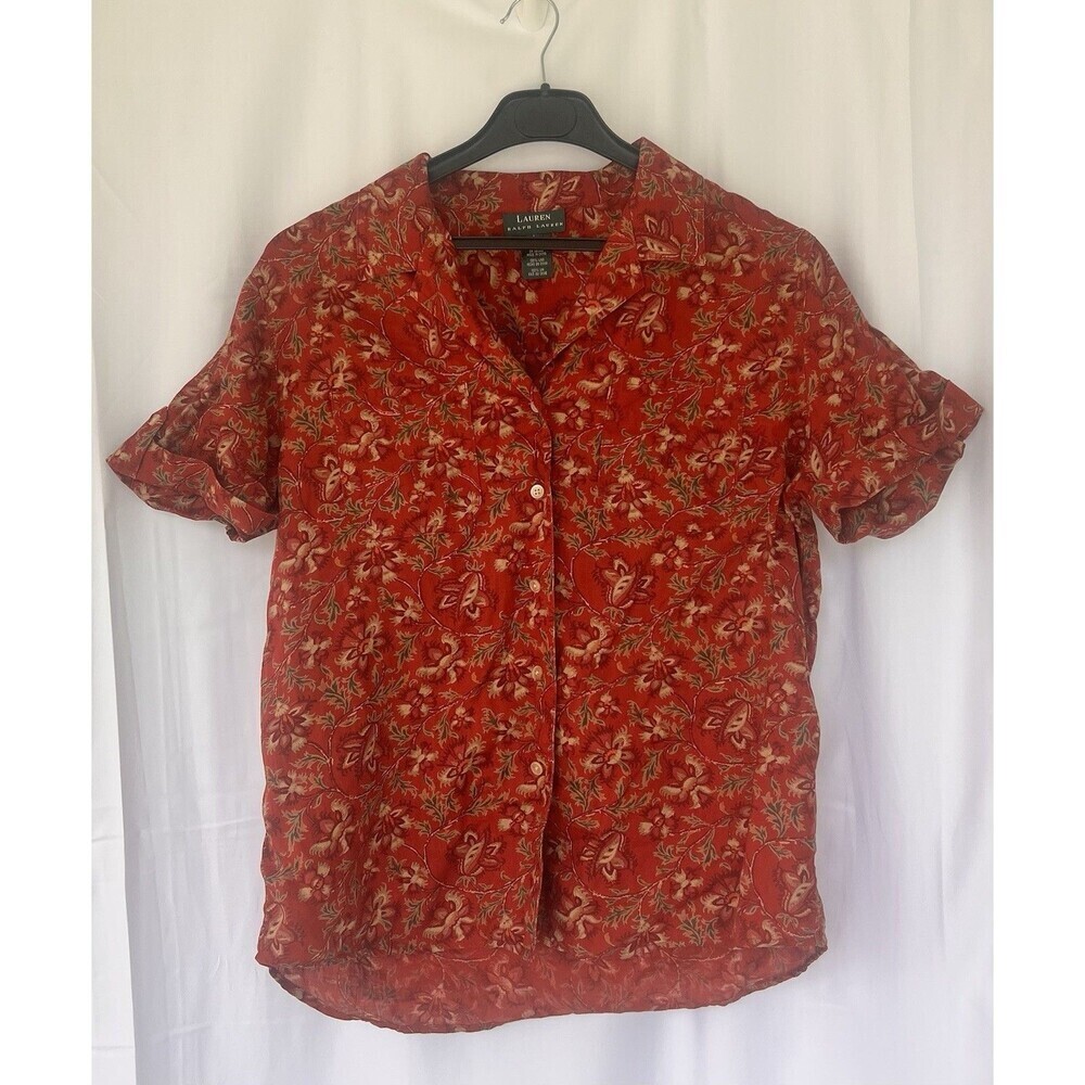 Lauren Ralph Lauren Red 100% Linen Shirt L Cottage Floral Short Sleeve Resort